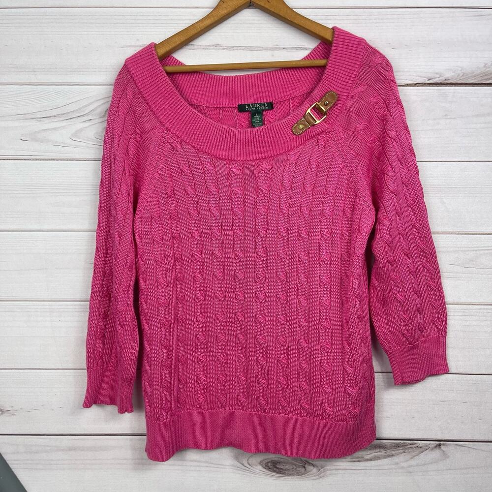 Ralph Lauren Cable Knit Buckle Pullover Sweater Pink Size L